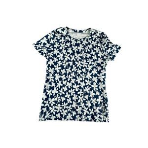 Lands End Shirt Womens Medium Blue Stretch Tee Floral Crew Cut Soft Business